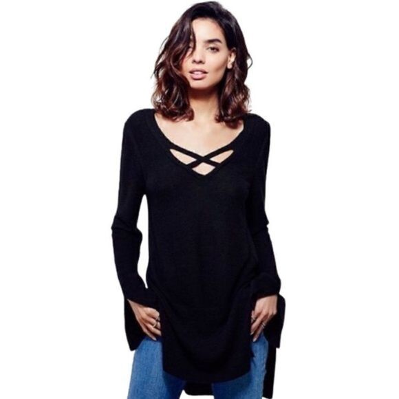 Like New Free People Black Criss Cross Tunic Boho Knit Sweater - Picture 1 of 9
